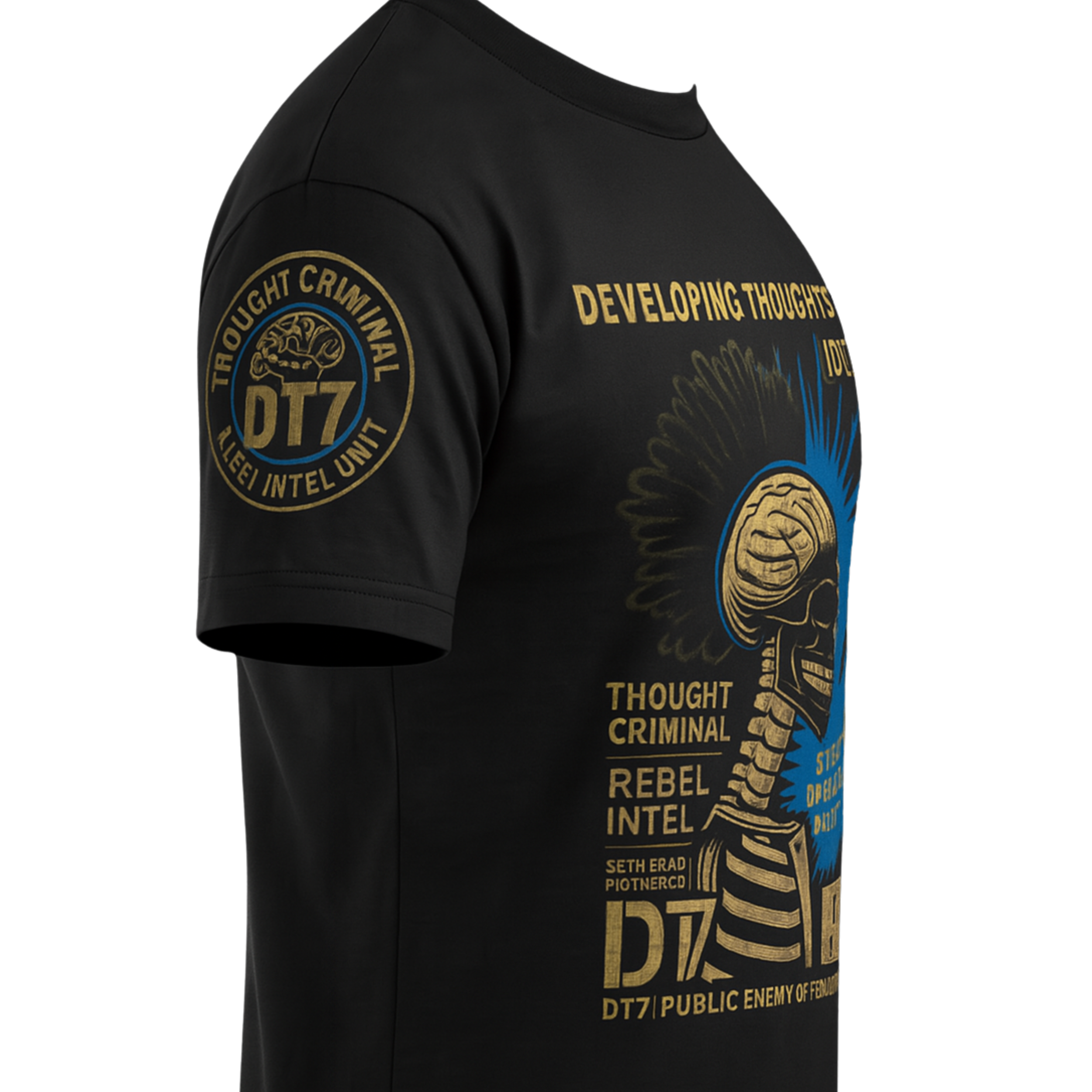 DT7 Thought Criminal Sleeve Patch | Rebel Intel Unit Arm Print | Gold & Blue Brain Emblem