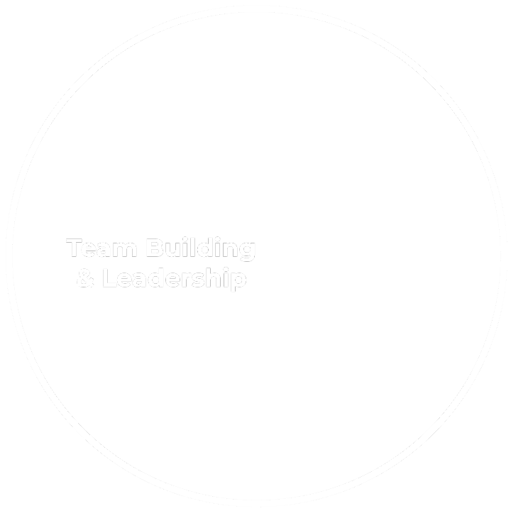 Black circle with white border containing the text 'Team Building & Leadership'.