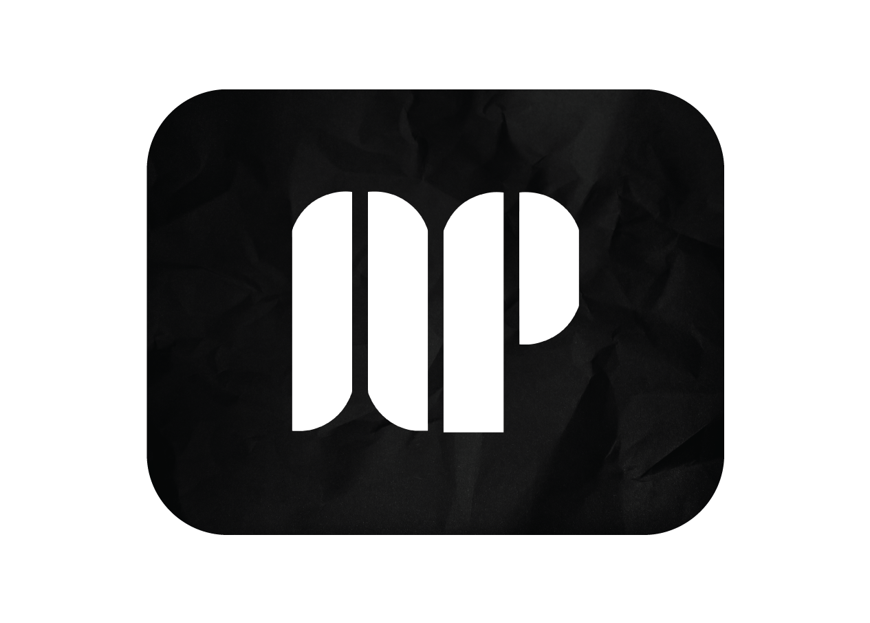 Black background with crumpled paper texture and a white stylized logo in the center.