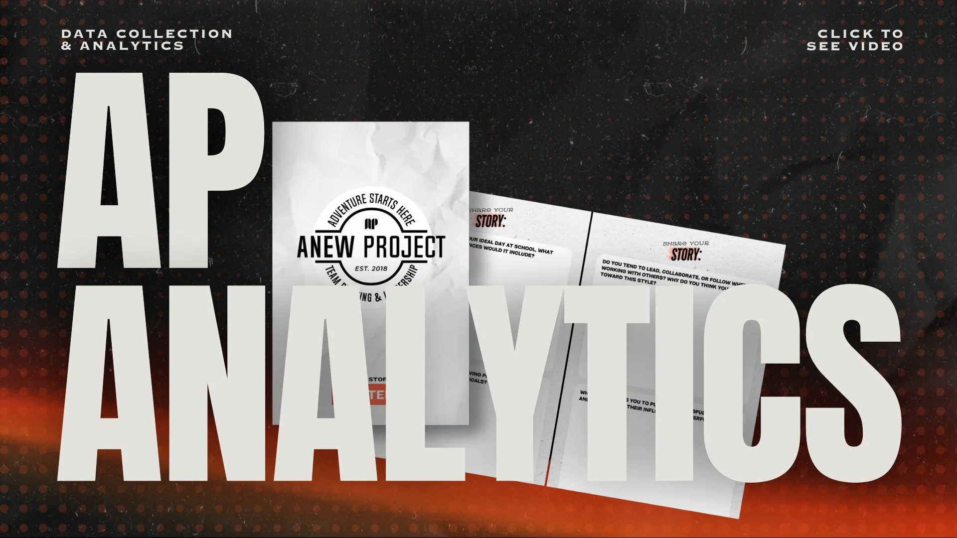 A promotional graphic with large white text that partially reads 'AP! ANAKTICS' over a background with black and orange dots. Behind the text, there are sheets of paper with questions and headings about data collection, analytics, and storytelling. There is also a circular logo with the text 'Adventure Starts Here' and 'New Project' in the center.