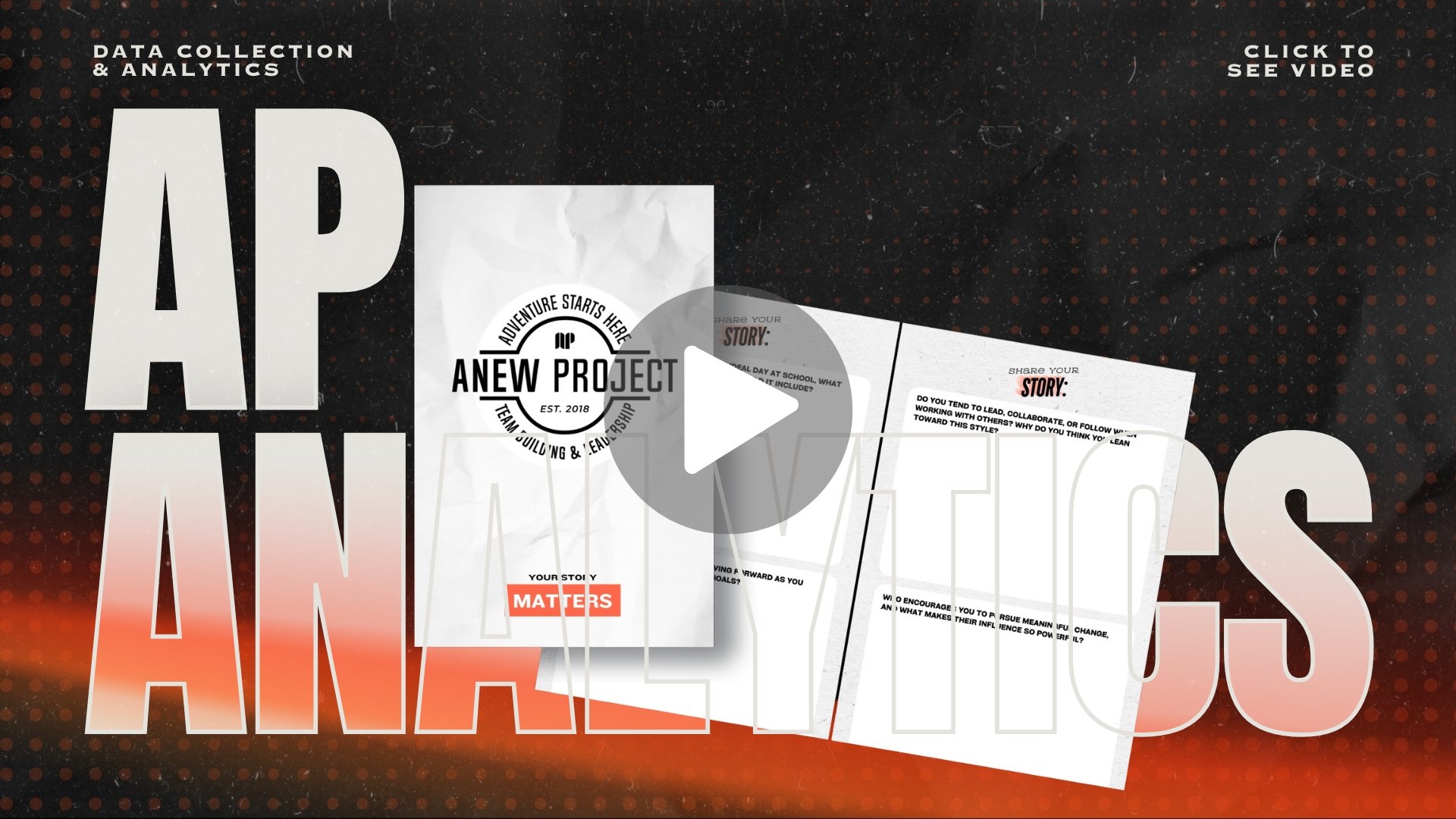 This image features a black background with orange dots and the text 'DATA COLLECTION & ANALYTICS' in the top left corner and 'CLICK TO SEE VIDEO' in the top right corner. In the center, there is a partially visible white paper with the branding 'ANEW PROJECT' and a circular logo. Overlaid on the image is a play button icon, suggesting a video is available to watch.