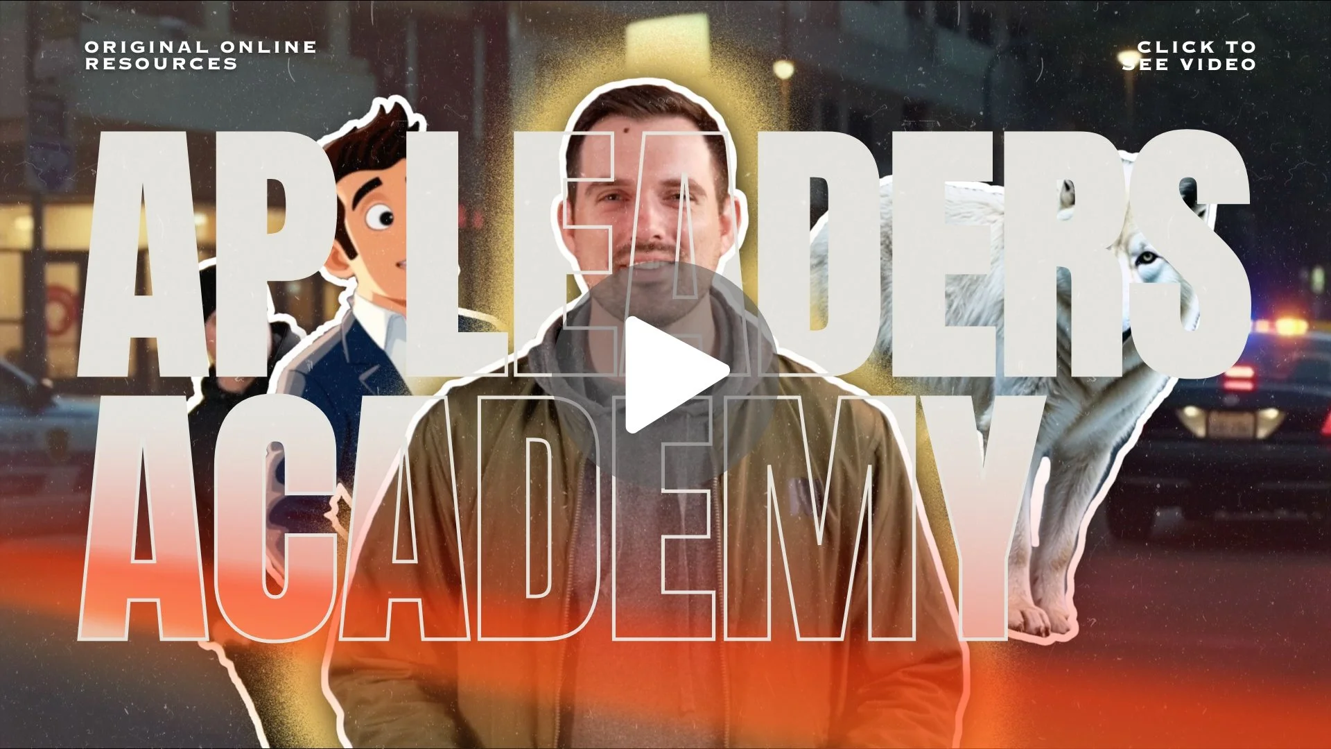 Overlay of the text 'ARTIFICIAL ACADEMY' with a man in a brown jacket in the center, a cartoon boy to the left, a wolf on the right, and a city street with police cars in the background.