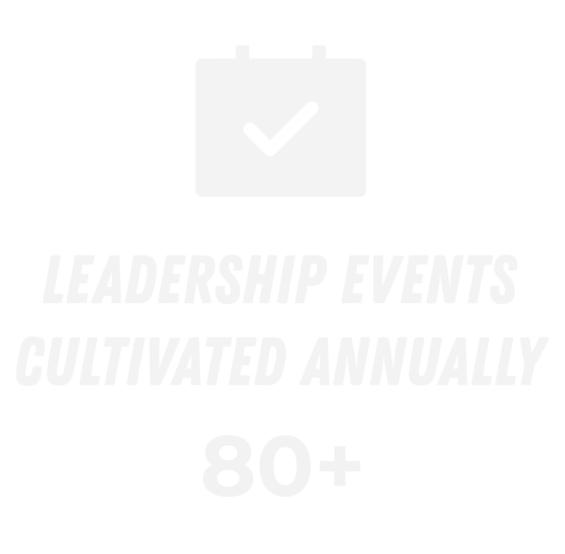 A black and white logo with a calendar icon with a check mark in it and the text 'LEADERSHIP EVENTS' and 'CULTIVATED ANNUALLY' underneath, and a price of '80+' at the bottom.