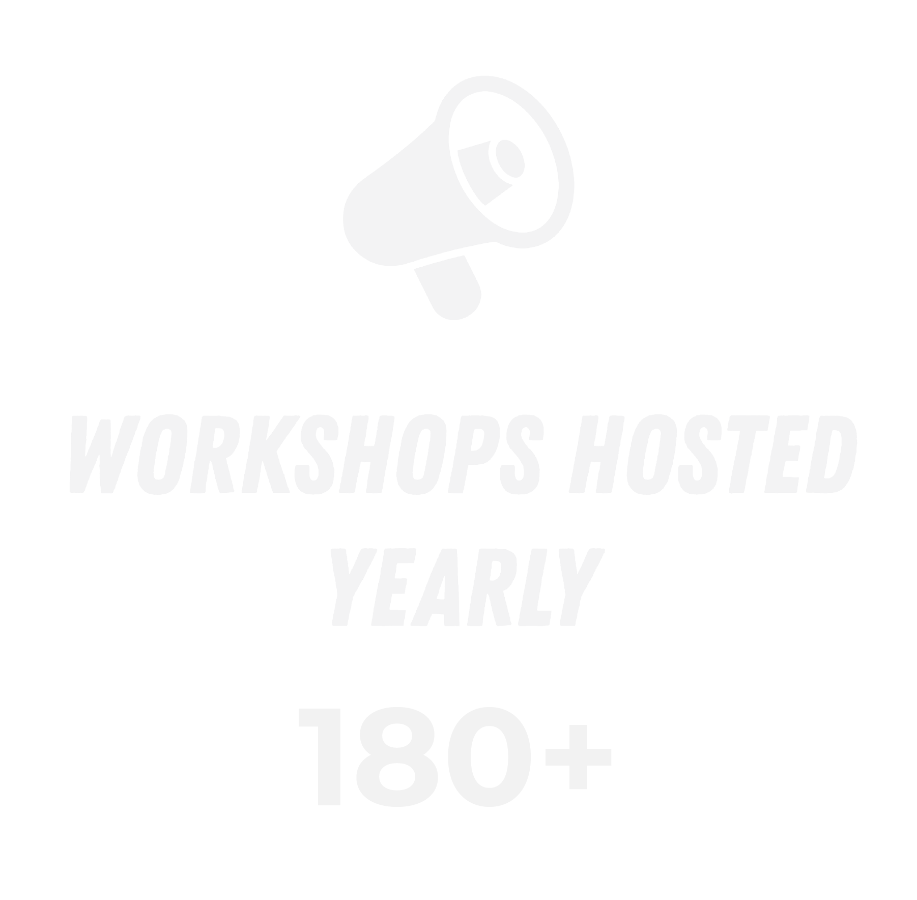 Black and white logo of a megaphone above the text "WORKSHOPS HOSTED YEARLY 180+".