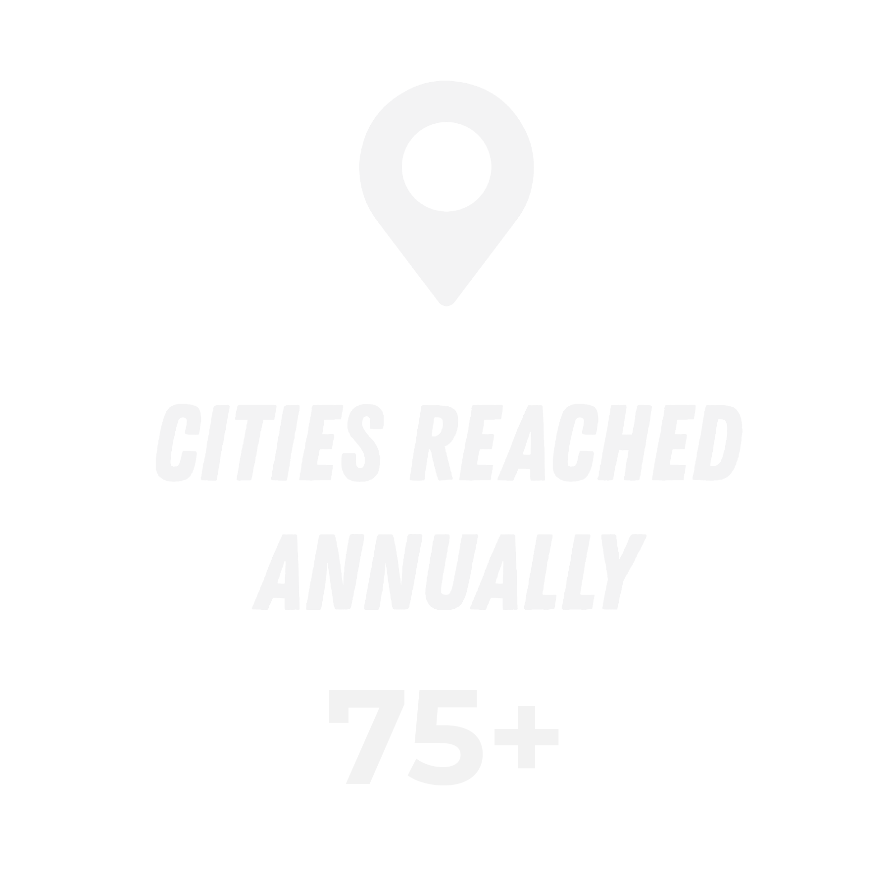 Text indicating that 75% of cities have been reached, with a location pin icon at the top and the text 'CITIES REACHED ANNUALLY' below in bold, modern font.