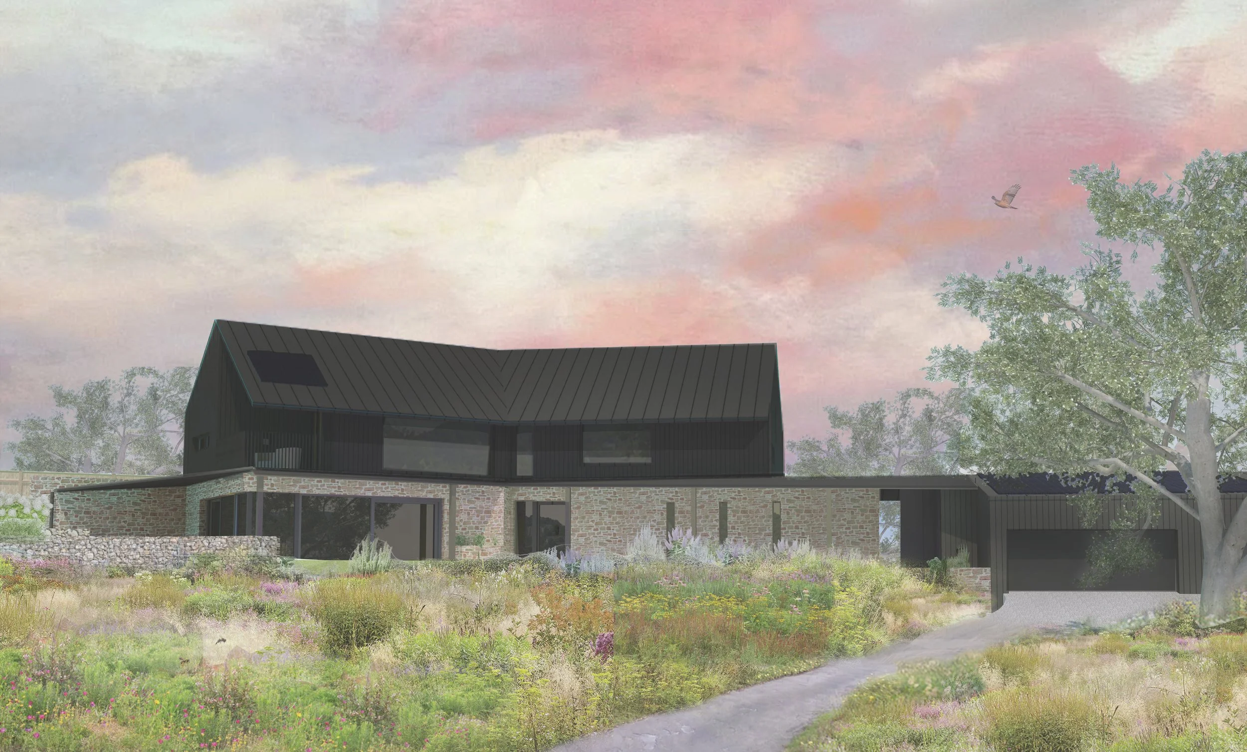 A modern house with black metal and stone exterior surrounded by a wildflower garden and trees, under a colorful, cloudy sky with a bird flying overhead.