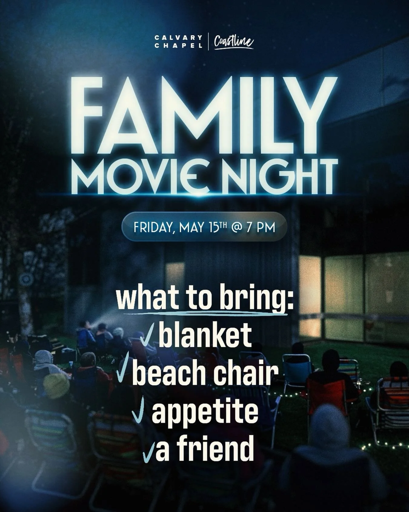 FAMILY MOVIE NIGHT 🎥 🍿 is happening tomorrow at 7 PM! Just a reminder to bring something to keep warm, a beach or lawn chair, an appetite, and to invite a friend or family member!