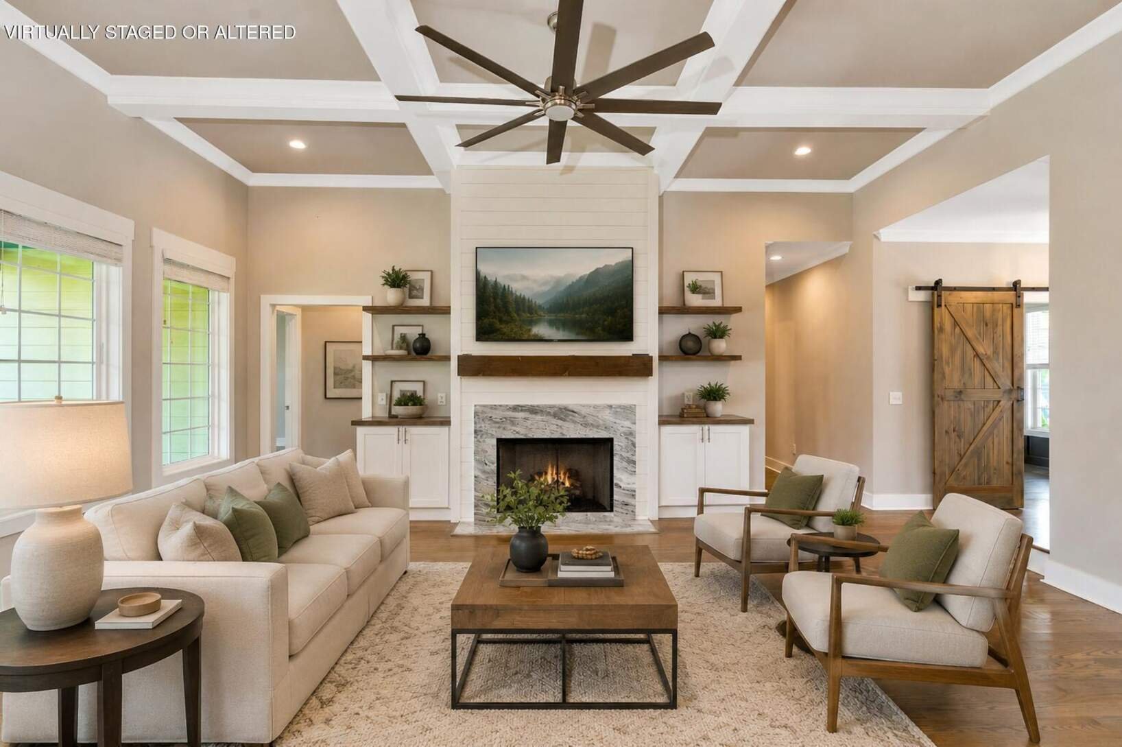 Living room with coffered ceiling, gas fireplace and built-ins, virtually staged