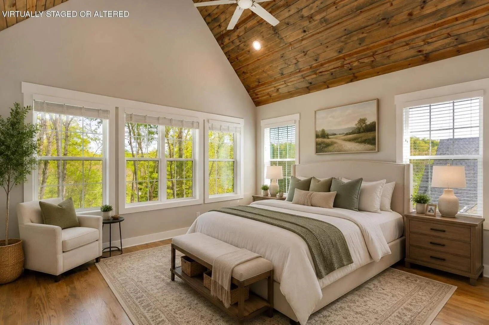 Main-level primary bedroom at 555 Kashaya Lane with vaulted tongue-and-groove ceiling, virtually staged