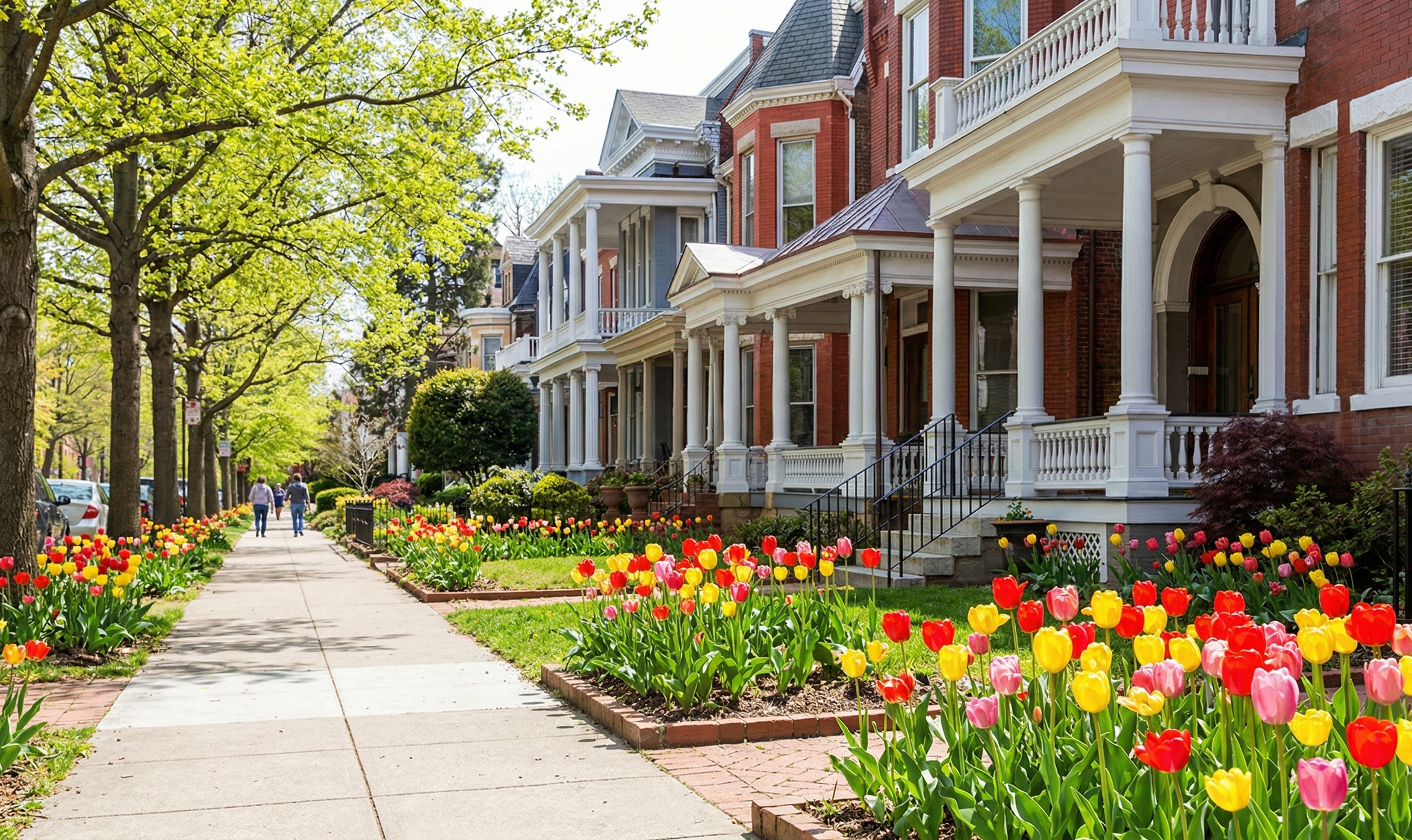 A sunny sidewalk lined with vibrant red, yellow, and pink spring tulips. In the background are historic red-brick rowhomes with classic white front porches, and a few people walking down the tree-lined street.