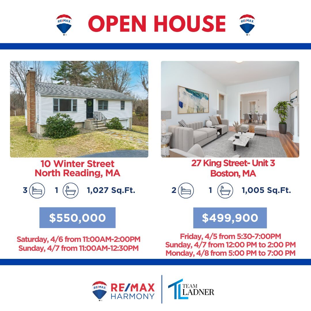 🏡From North Reading to Boston and beyond, Team Ladner is ready to help you find a place to call home. Join us for our upcoming open houses and discover your dream property! Whether you're a first-time buyer, searching for your forever home, or looki