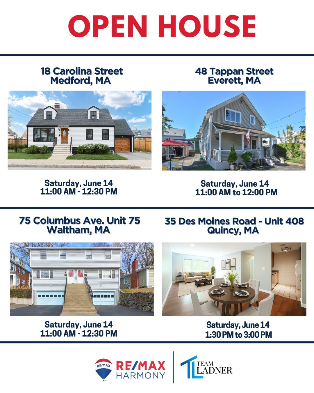 Here&rsquo;s the scoop on Team Ladner&rsquo;s Open Houses this weekend:

✨Just Listed in Medford! Be the first to tour this stunning new home&mdash;modern updates and a prime location make it a must-see.

✨Multi-family opportunity in Everett with inv