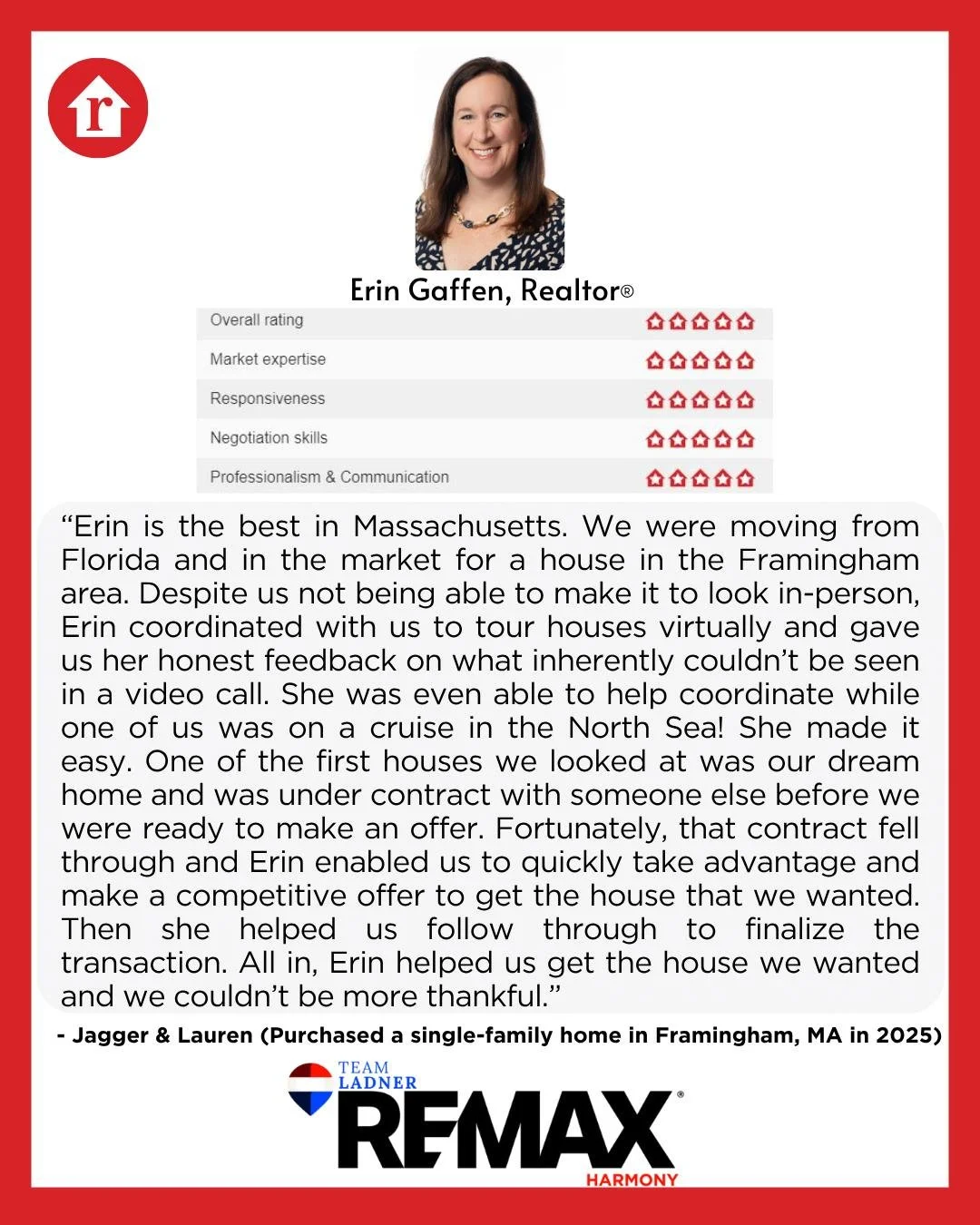 &ldquo;Erin helped us get the house we wanted and we couldn&rsquo;t be more thankful.&rdquo;

☎781.587.0528
👉TeamLadner.com

#RemaxHarmony #Remax #TeamLadner #framinghamma
