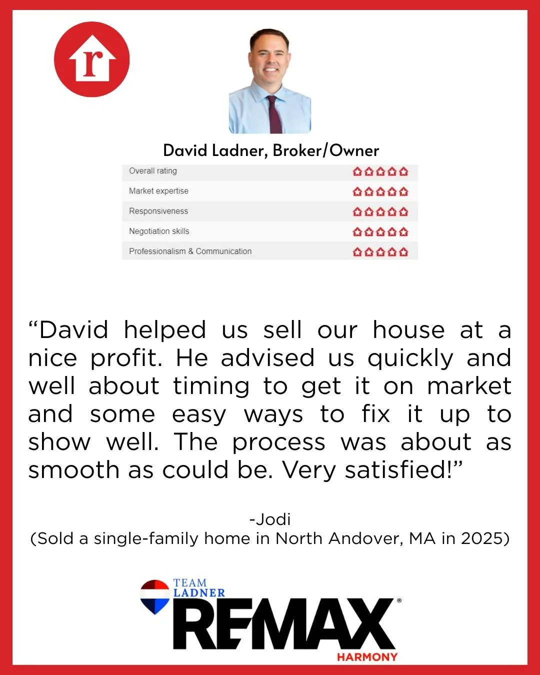 ✨&ldquo;David helped us sell our house at a nice profit. The process was about as smooth as could be. Very satisfied!&rdquo;

☎781.587.0528
👉TeamLadner.com

#RemaxHarmony #Remax #TeamLadner #northandoverma