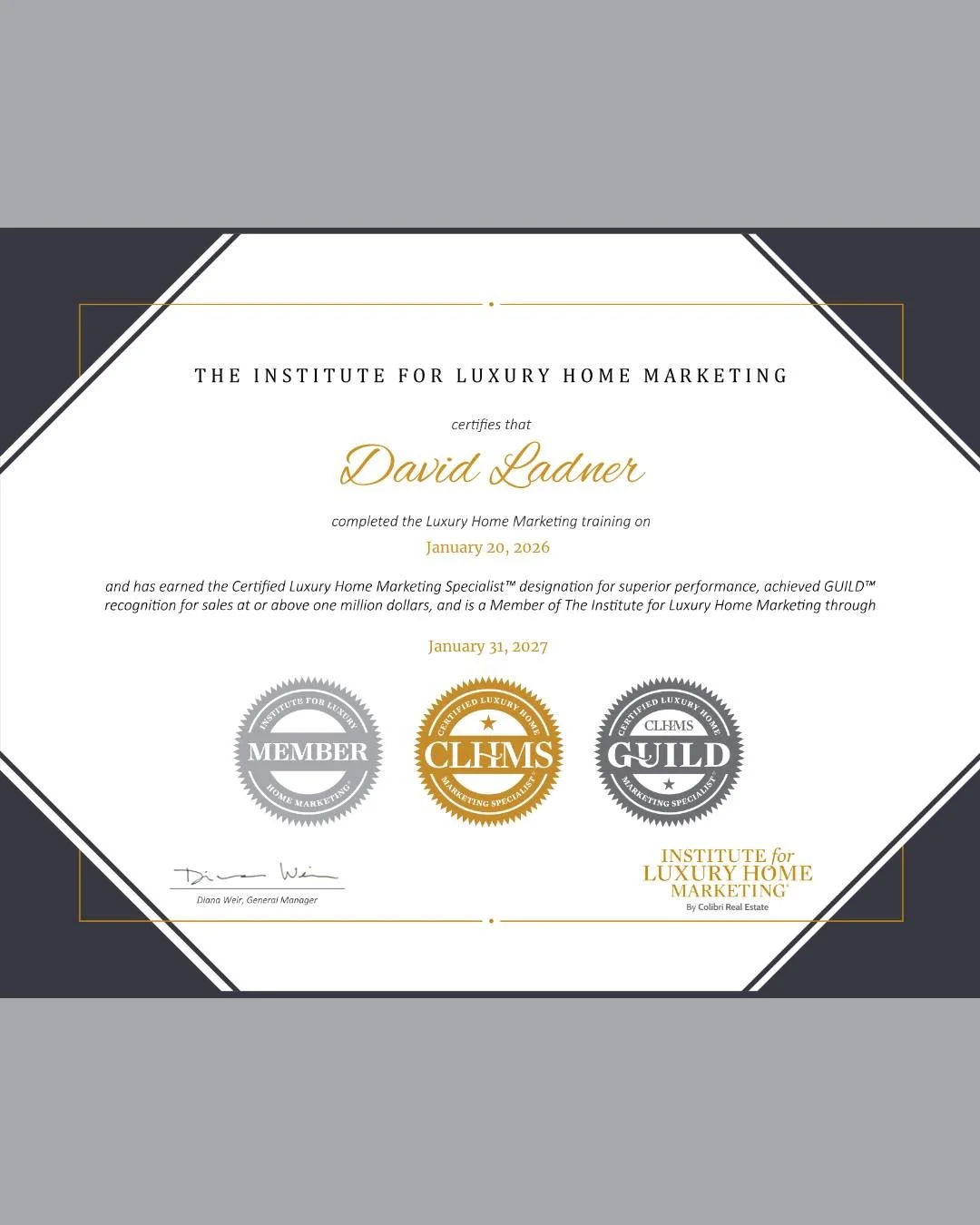🎉Congratulations to David on an incredible achievement! 

⭐️We&rsquo;re proud to celebrate David on earning the CLHMS (Certified Luxury Home Marketing Specialist) designation and being recognized as a member of the Million Dollar Guild by the Instit