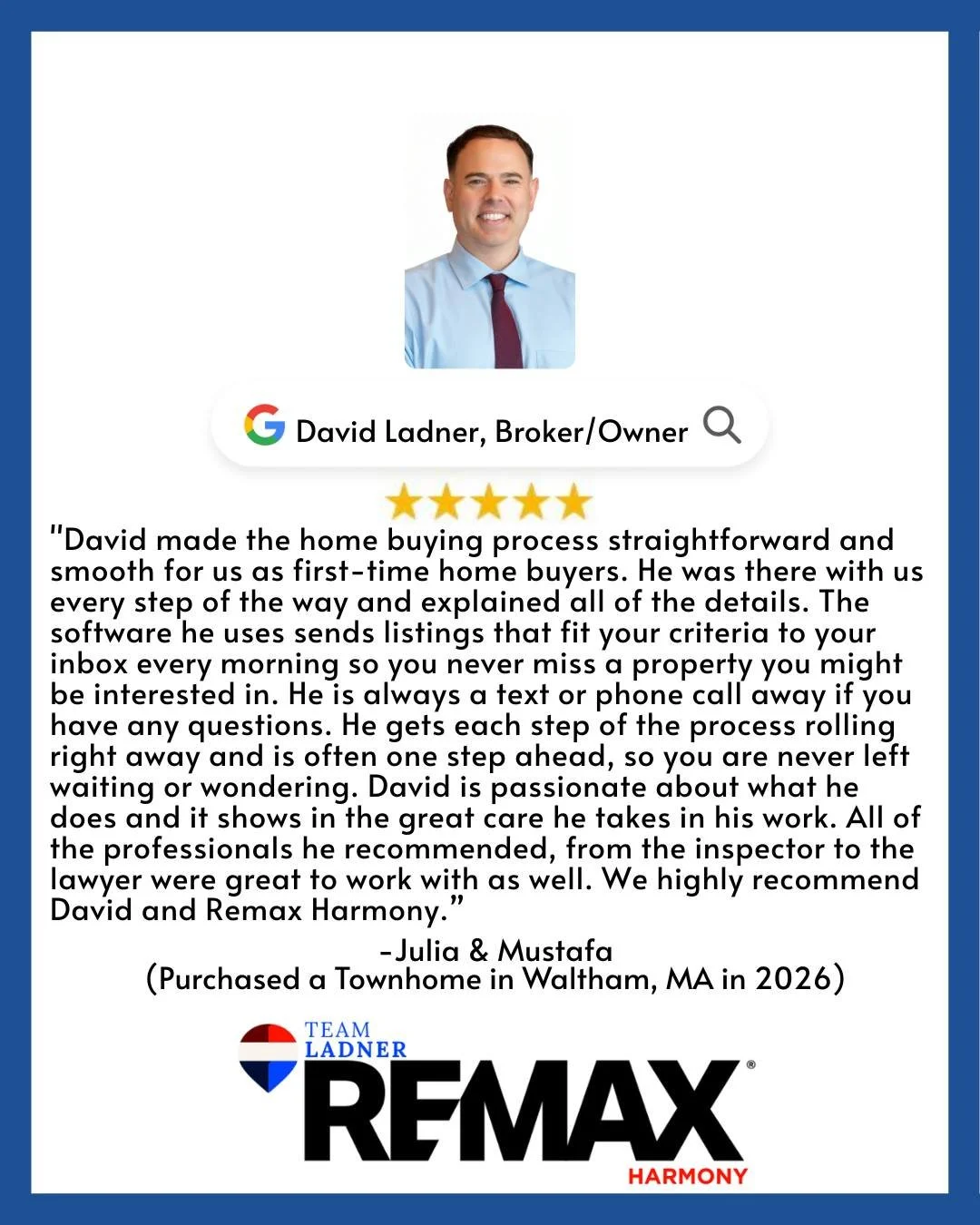&ldquo;He is always a text or phone call away if you have any questions. He gets each step of the process rolling right away and is often one step ahead, so you are never left waiting or wondering.&rdquo;

☎781.587.0528
👉TeamLadner.com

#RemaxHarmon