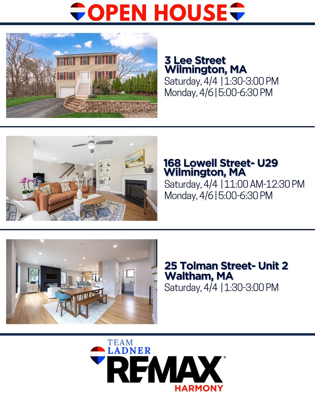 🌷It&rsquo;s feeling like SPRING and there&rsquo;s no better time to start your next chapter. 

✨Please note the 2 open houses on Monday evening! 

☎781.587.0528
👉TeamLadner.com

#RemaxHarmony #Remax #TeamLadner