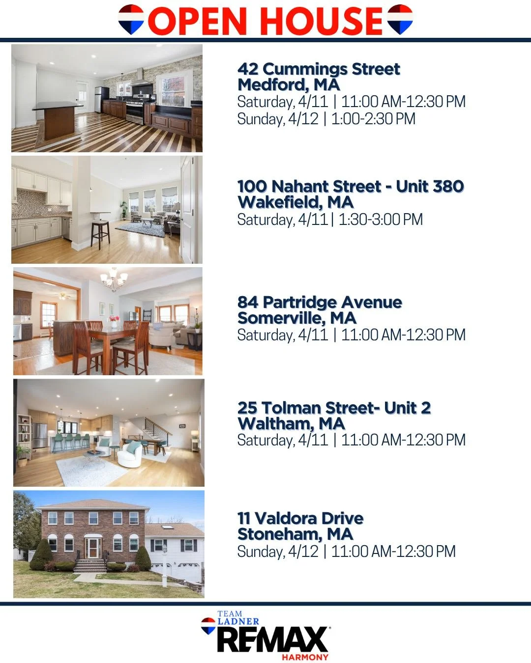 🏡Looking for your next move? We have an incredible lineup of Open Houses this weekend across some of Greater Boston&rsquo;s most sought-after communities.

☎781.587.0528
👉TeamLadner.com

#RemaxHarmony #Remax #TeamLadner