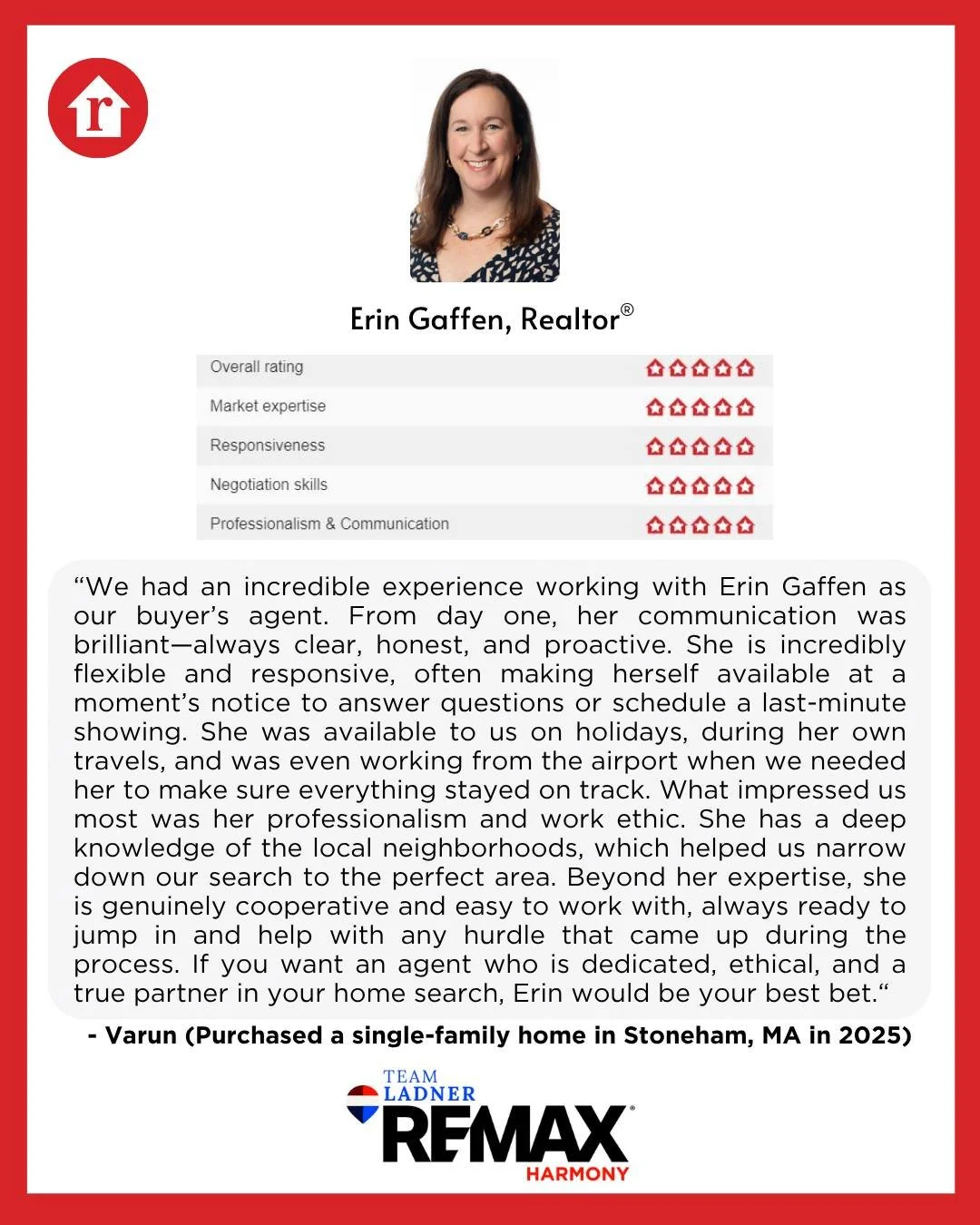 &ldquo;If you want an agent who is dedicated, ethical, and a true partner in your home search, Erin would be your best bet.&ldquo; 

☎781.587.0528
👉TeamLadner.com

#RemaxHarmony #Remax #TeamLadner