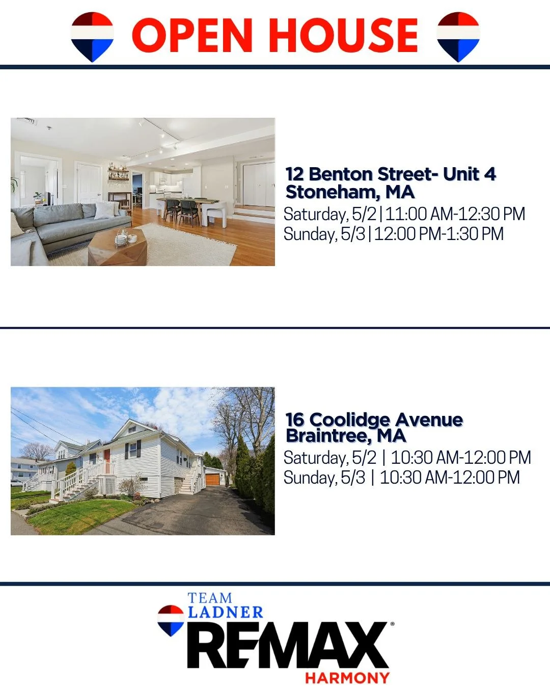 What better way to welcome May 1st and the beautiful spring weather than by finding your next dream home? 🏡

Come explore these fantastic properties and get a feel for the neighborhood. 

☎781.587.0528
👉TeamLadner.com

#RemaxHarmony #Remax #TeamLad