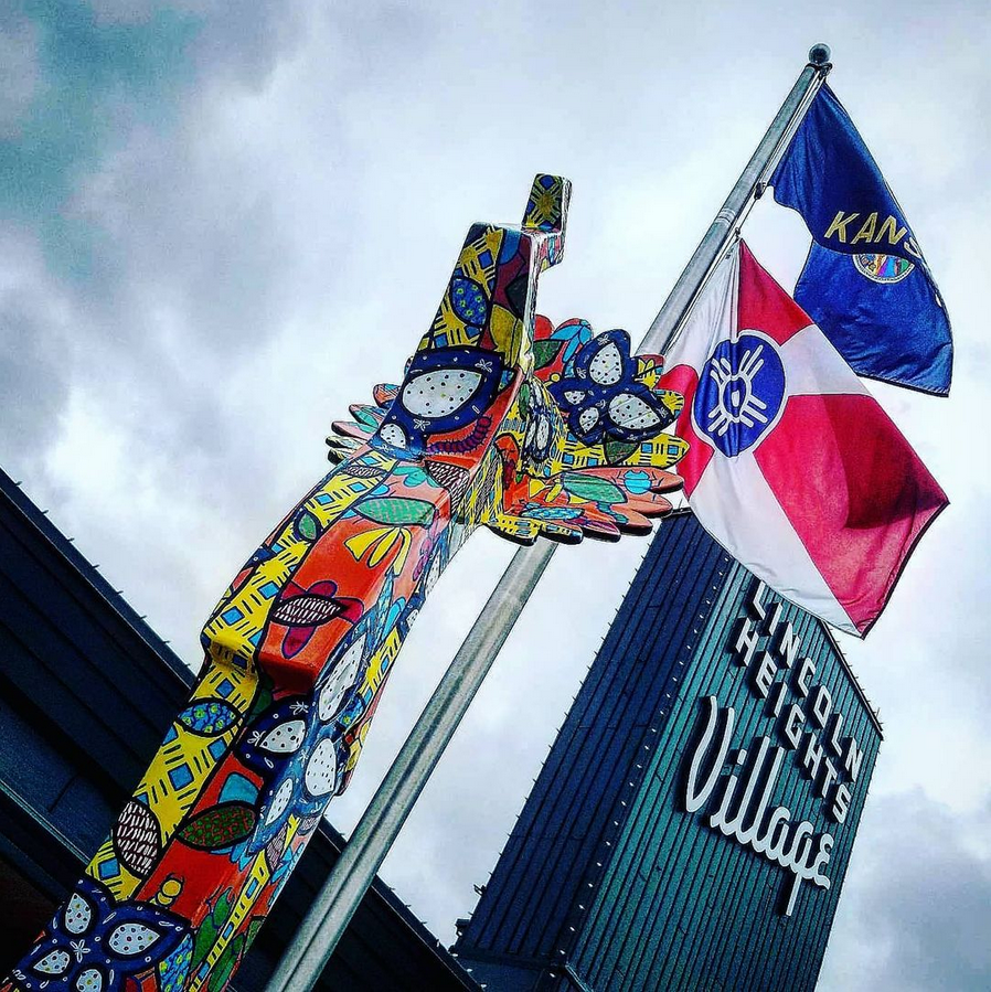 Leafwing 
4723 E Douglas Ave 
October 2020 
10' tall 
 
This Keeper resides at Lincoln Heights Village, the first shopping center in Wichita. The colorful design features plants and insects, including the Leafwing butterflies endemic to Kansas. Desig