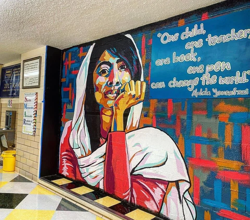Malala Yousafzai 
207 S Sheridan St 
September 2020 
8' x 12' 
 
Gifted to Mayberry Middle School, honoring local schoolteachers and support staff.