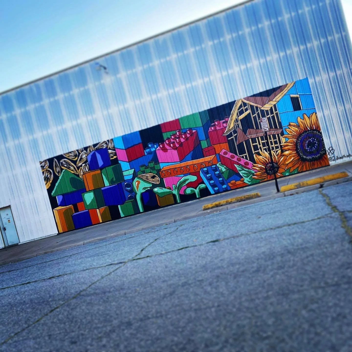 Growth, September 2021 52 ft x 14 ft

This mural was created as a part of Avenue Art Days in Wichita.
The corrugated metal siding was a new challenge.
It shows blocks, bricks, and then construction as well as seed, sprouts, and then flowers to illust