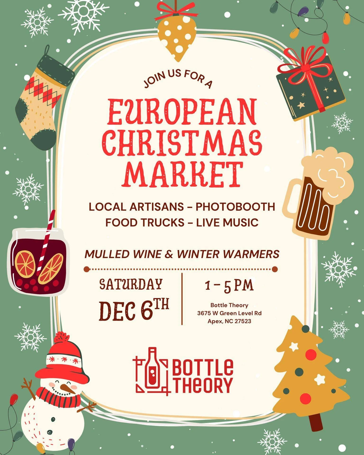 Get ready to experience the magic of a European Christmas Market right here at Bottle Theory! 🎄
Join us on Saturday, Dec 6th, for a local vendor market while sipping on a warm glass of mulled wine or a winter warmer from your favorite brewery. Make 