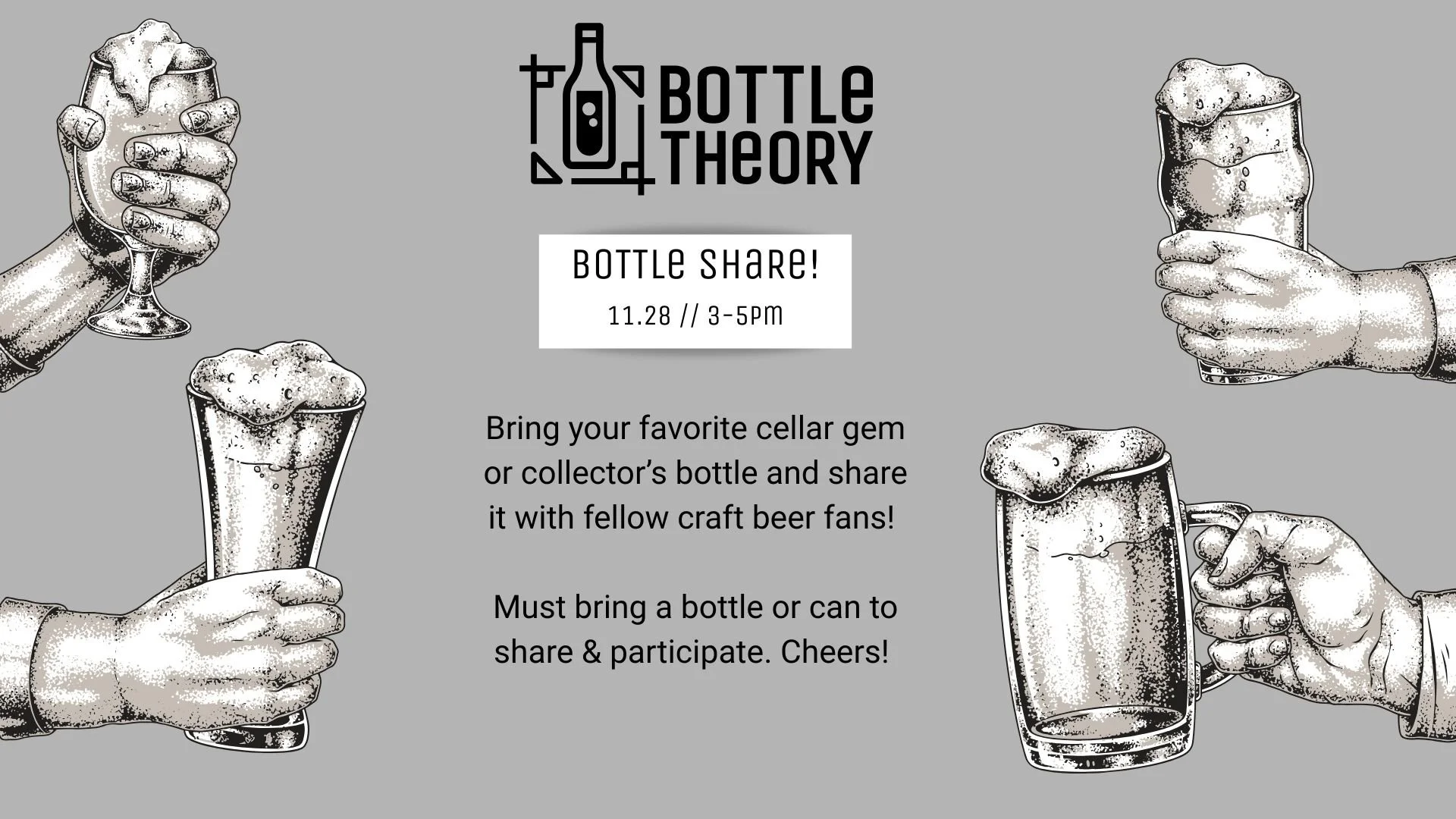 Bring your favorite cellar gem or collector&rsquo;s bottle and share it with fellow craft beer fans! It&rsquo;s a relaxed, community-focused hang where you can swap pours, discover new favorites, and connect with other beer lovers.
To participate, yo