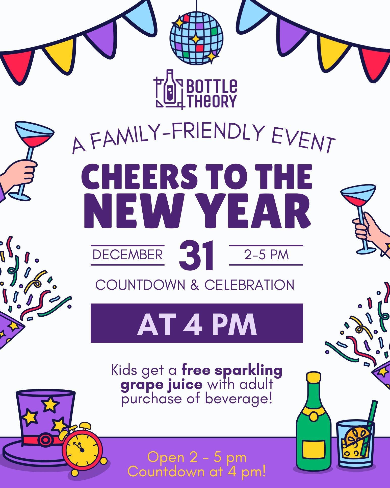 Help us ring in 2026! 🔔🍾🥳
We are hosting a family-friendly NYE celebration and countdown on December 31st. Free N/A sparkling grape juice for the kiddos with the purchase of beer/wine by an accompanying adult. 💜

Doors open at 2pm, countdown at 4