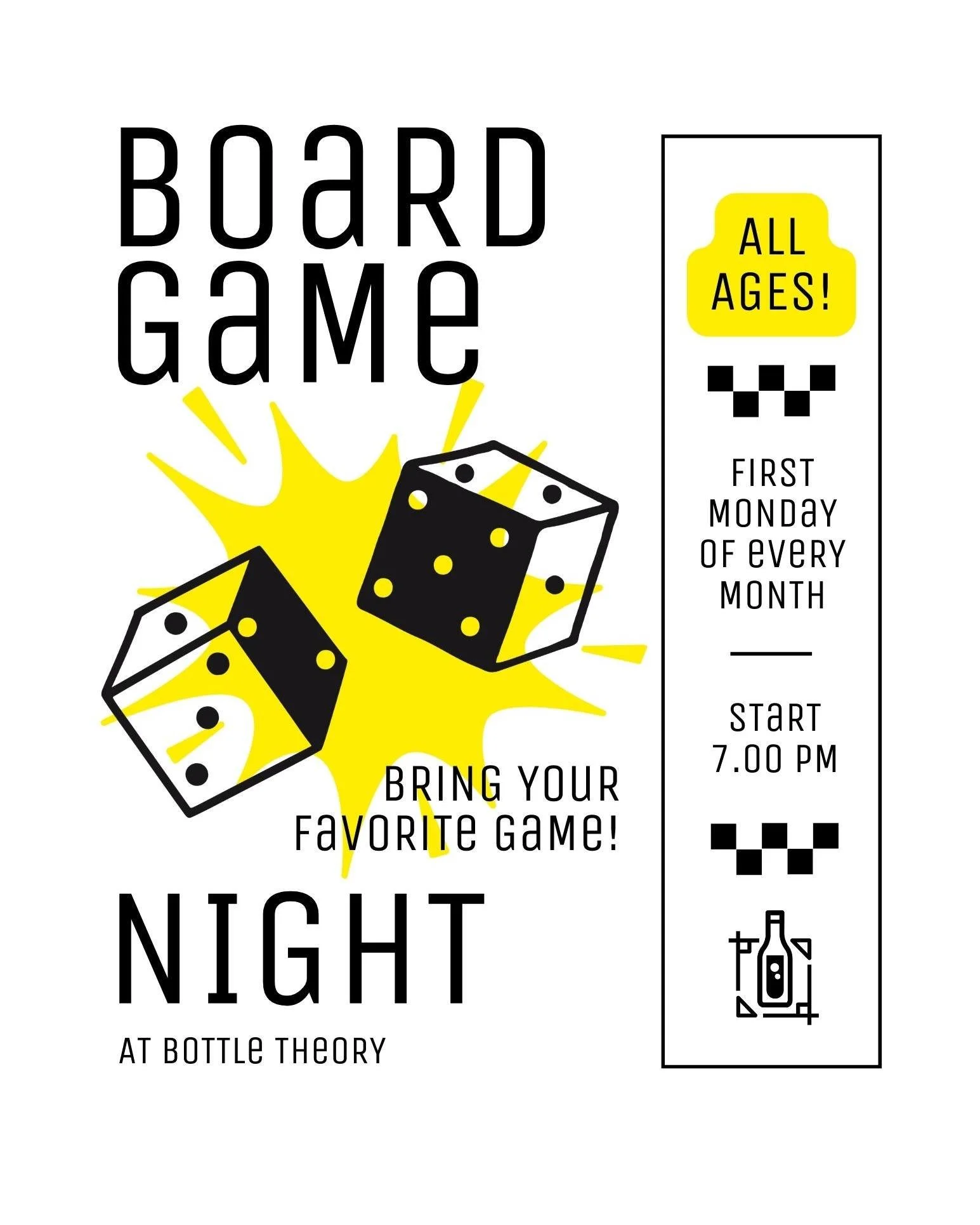 Game on! ♟️🎲
Join us for Board Game Night on the first Monday of every month. Bring your favorite game, be ready to learn a new one, and play your cards right&mdash;this night is for all ages. Checkmate to boring Mondays.

#ApexNC #CaryNC #BottleSho