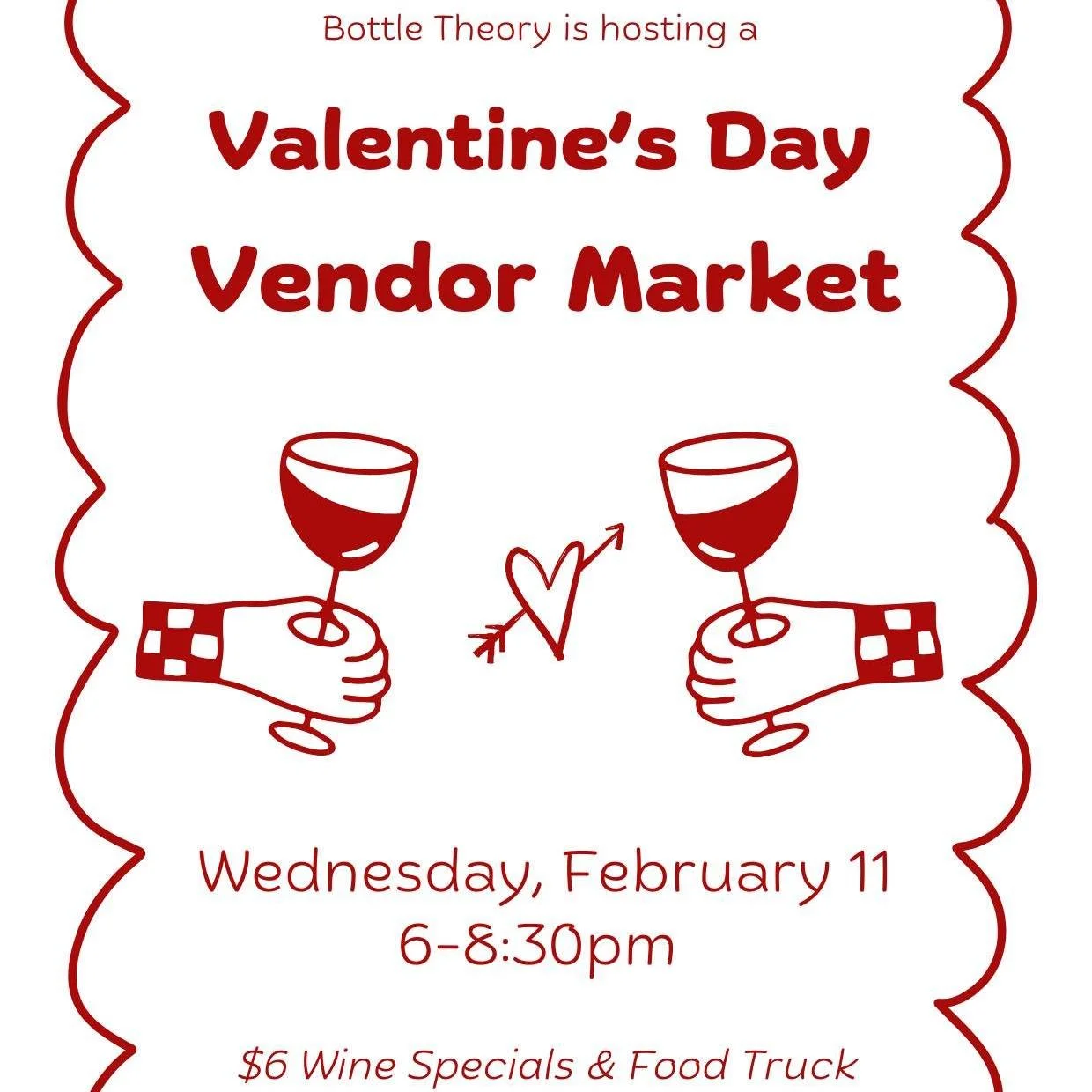 Roses are red... and so is my favorite drink. 🍷

Find the perfect little something for all the people you love at our Valentine's Vendor Market being held on Wednesday, February 11th, from 6-8:30pm! 💌 It will be a lovely time filled with a FREE win