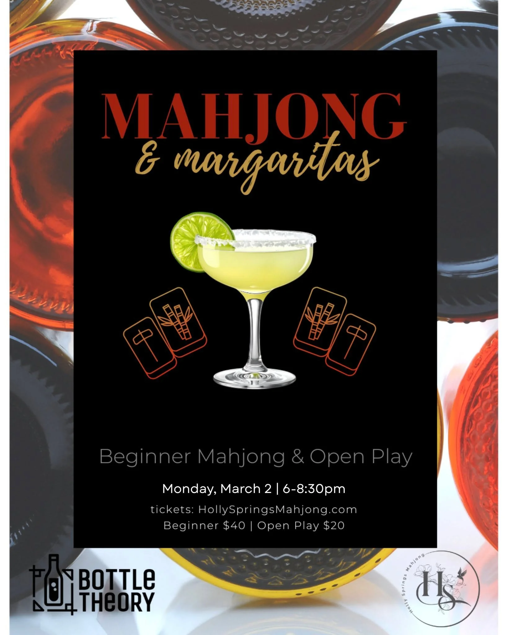 Mahjong is coming to Bottle Theory next week! 🀄️
The Holly Springs Mahjong Chapter will be hosting a beginner-friendly night at our shop, and we'll have our $5 margarita weekly special to make it extra fun! 🍋&zwj;🟩 🔥

For more information and to 