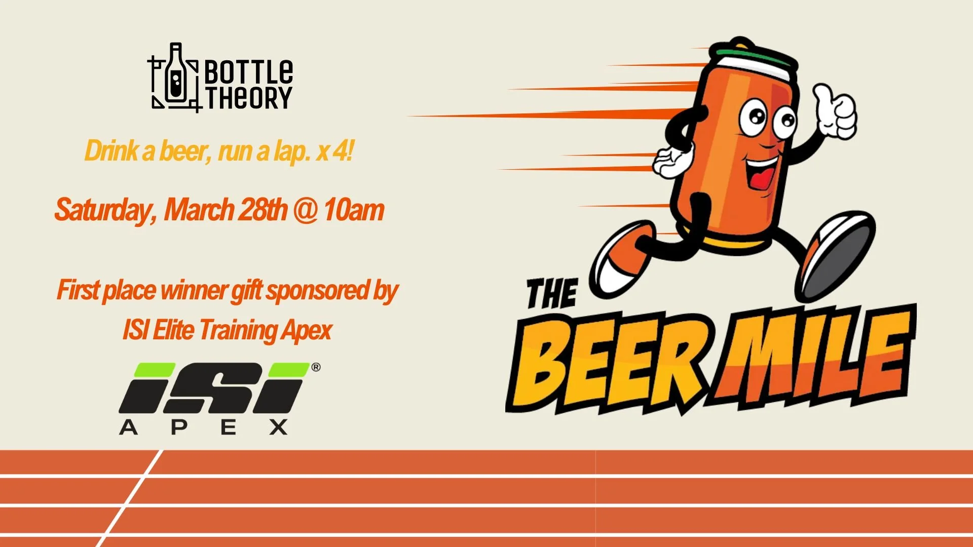 🚨UPDATE: 
Join us on Saturday, March 28th, for the Bottle Theory Beer Mile! Our neighbors at @isi_apex are sponsoring the first-place prize!  A very generous one-month pass to their location right here in Apex. 🥇

To sign up, visit the link in our 