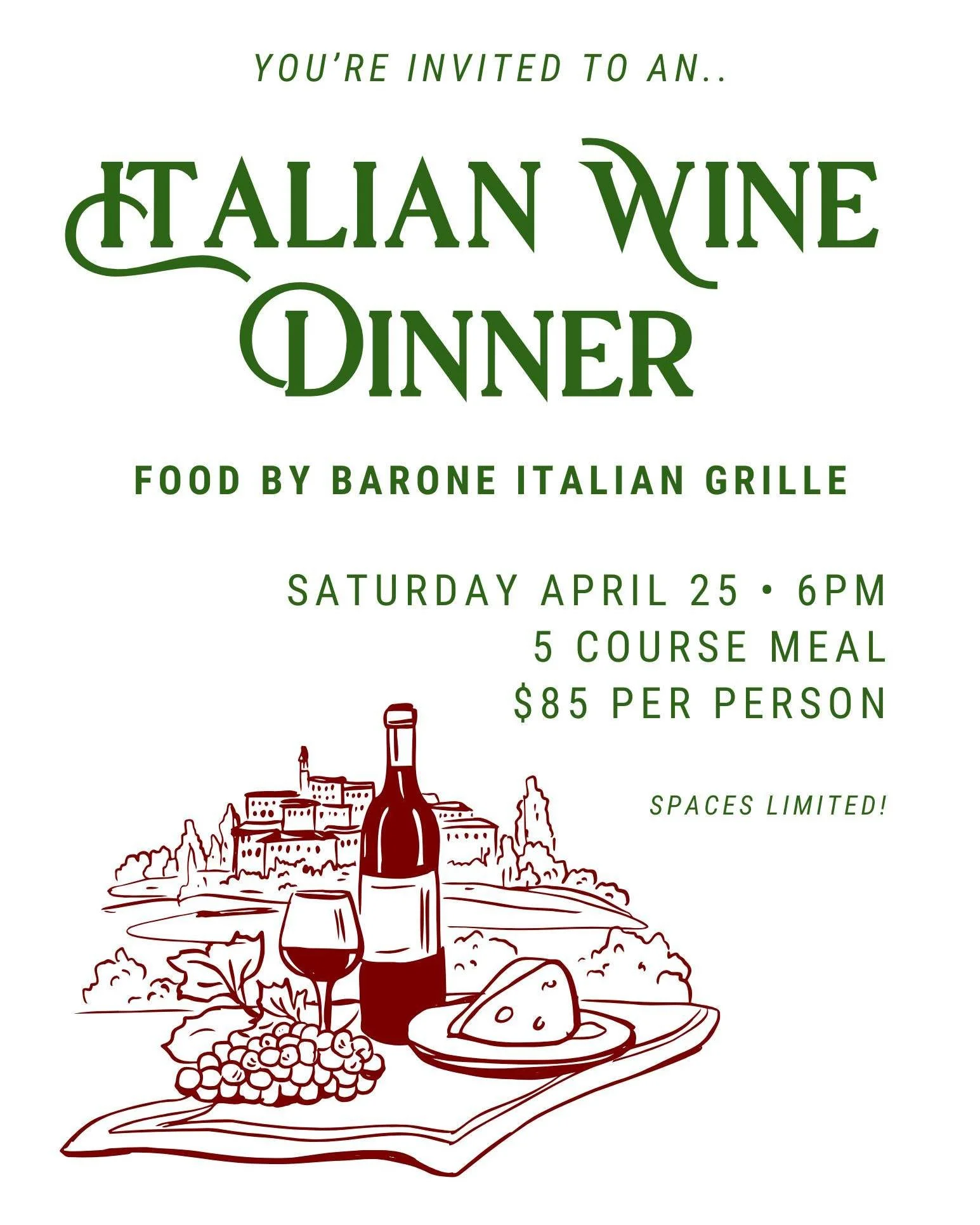 Ciao Bella!
Our next wine dinner is taking us to Italy! Join us for a 5-course dining experience featuring authentic Italian cuisine from @baronemeatball that's expertly paired with wines from Bottle Theory! 🍷 🍝 🇮🇹

Tickets are on sale NOW and ar