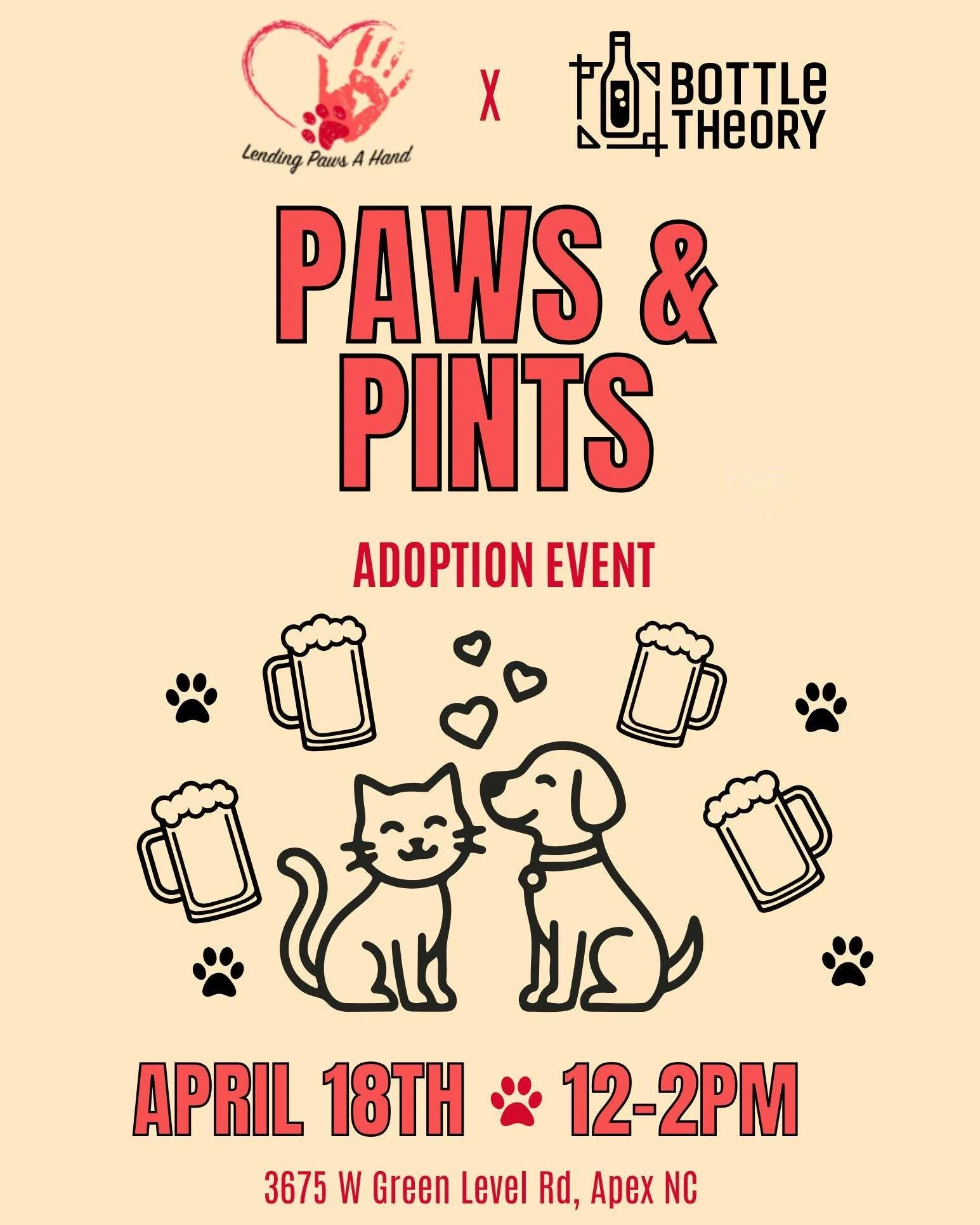 Looking for a drinking buddy? 🐾🍻
Join us Saturday, April 18 (12&ndash;2pm) for a Paws &amp; Pints adoption event with the great people over at Lending Paws a Hand Rescue! 
Cats and dogs will be on the property, pints will be cold, and cuteness will