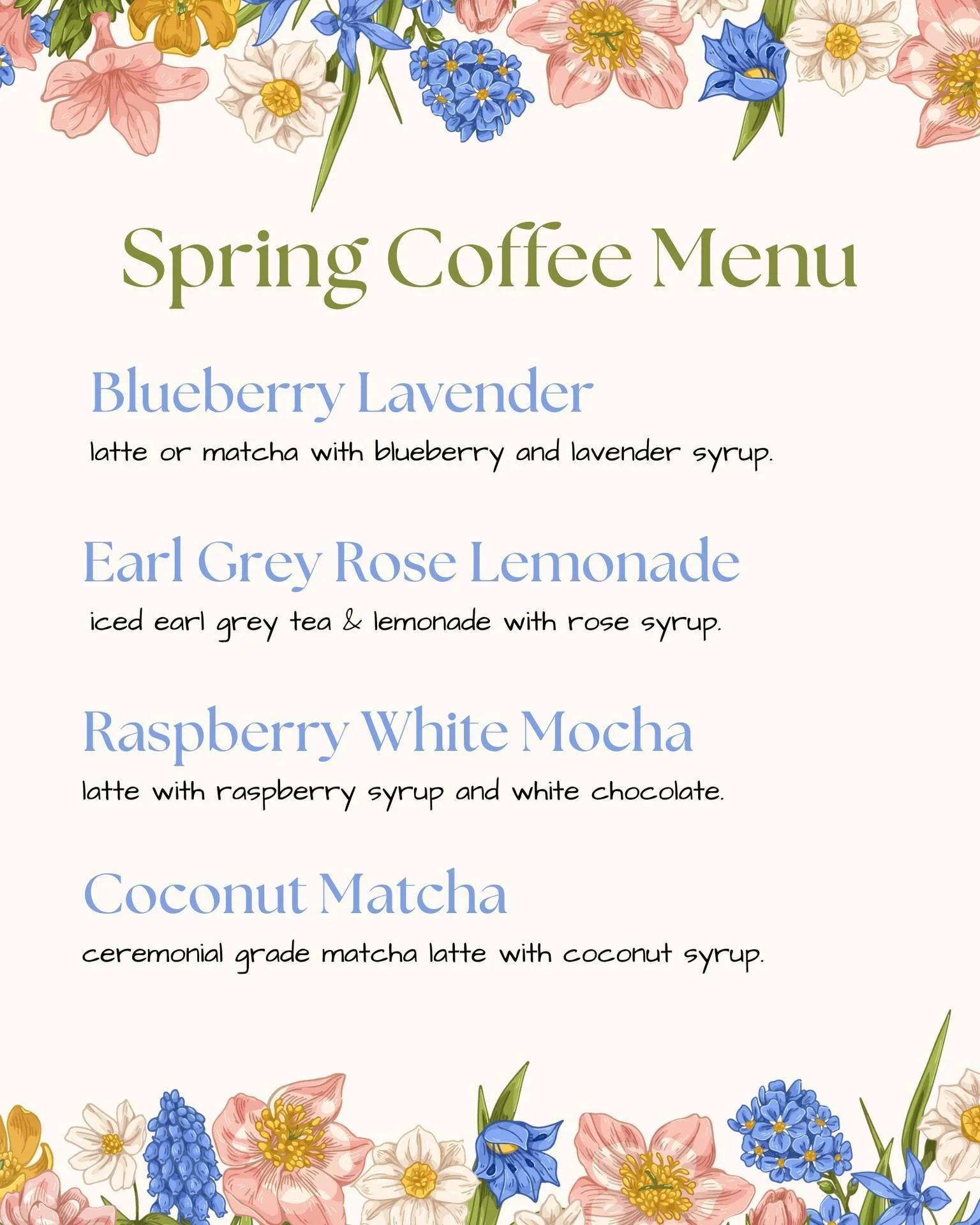 Spring coffee specials are officially here! 🪻🐝 ☕️ 🌷🍵🐇

Stop by to try them for yourself on Saturdays &amp; Sundays from 8am-2pm.

#apexnc #apexcoffeespots #carync #carycoffeespots #springcoffee