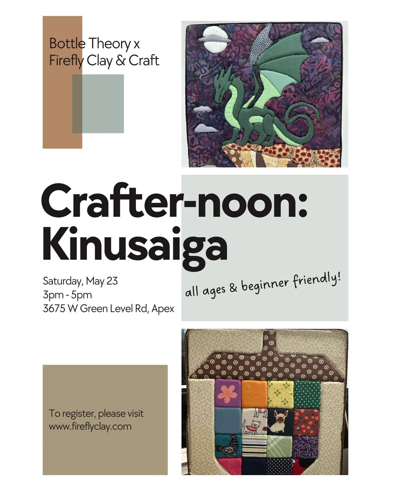 This month's Crafter-noon will be a guided project with our friends from Firefly Clay &amp; Craft! 🧶

Firefly Clay &amp; Craft will provide all materials and instructions to create your own Kinusaiga piece. This traditional Japanese art form uses fa