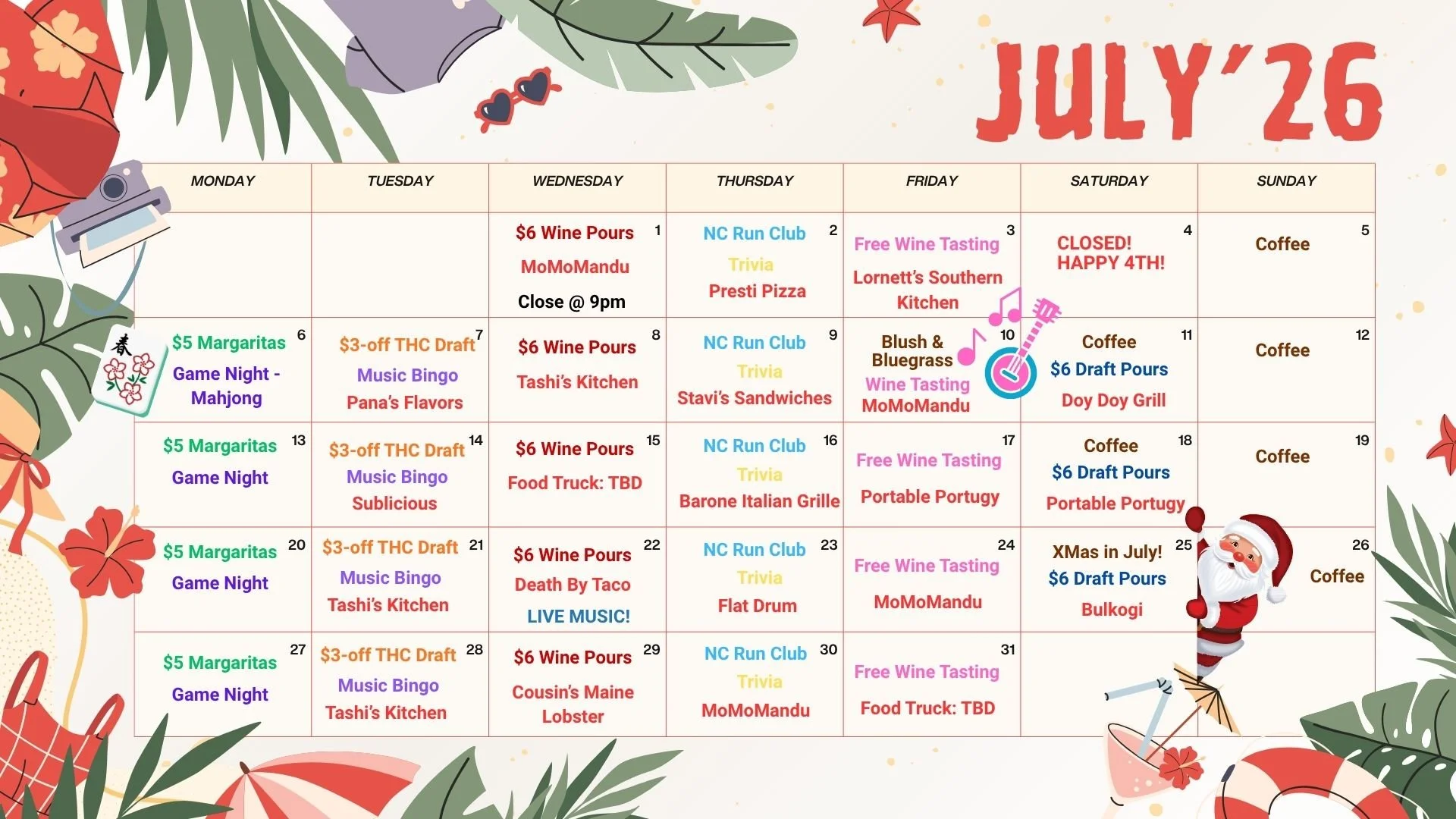 July at Bottle Theory: Summer Sips, Live Music, Food Trucks &amp; Christmas in July!