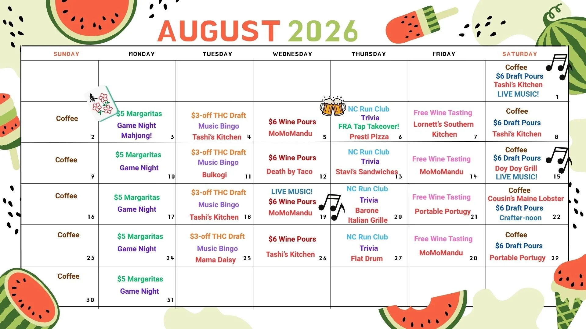 August 2026 at Bottle Theory: Great Drinks, Great Food, Great Company
