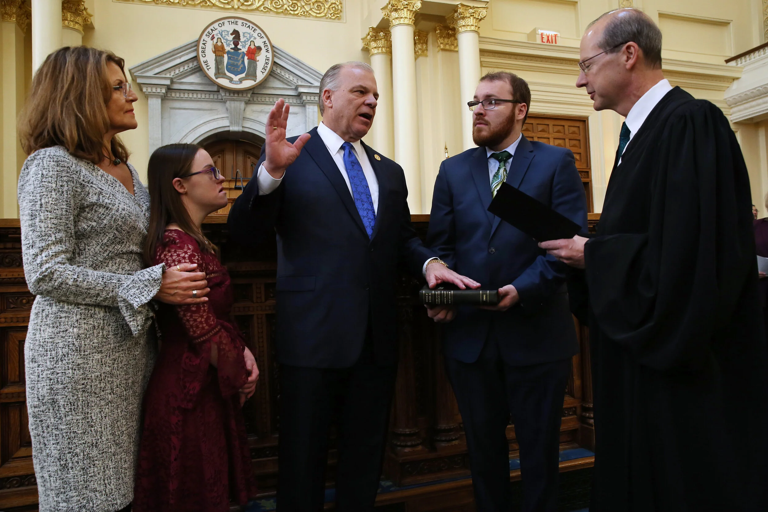 SENATOR SWEENEY SURROUNDED BY FAMILY AS HE IS SWORN INTO ANOTHER TERM BY CHIEF JUSTICE RABNER 