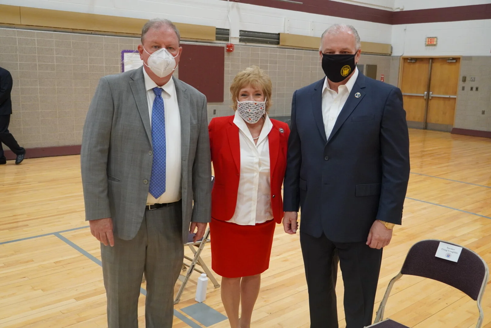 SENATOR JOE CRYAN, MARIE BLISTAN, PRESIDENT OF THE NJEA, AND SENATOR SWEENEY 