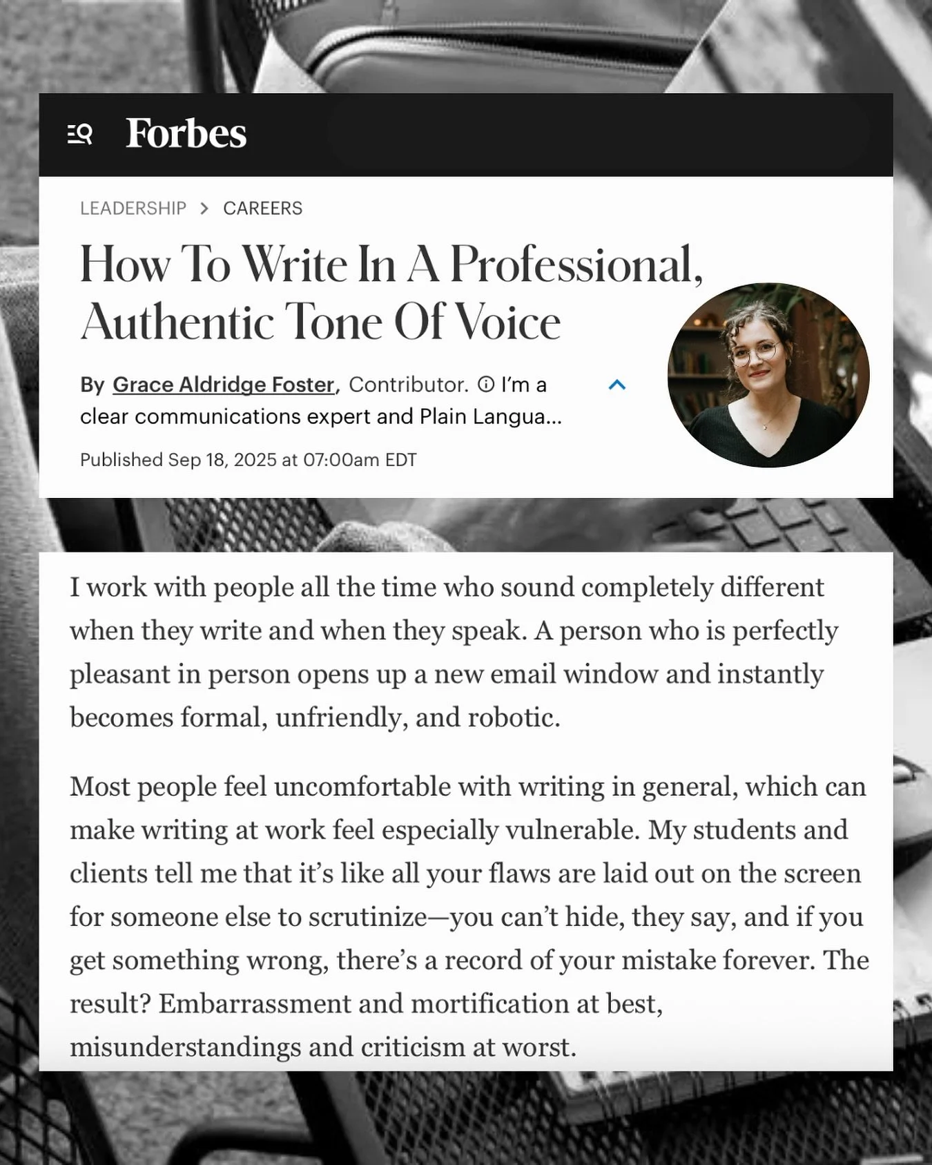 💬 PSA: Voice and tone impact your reputation beyond that one email you&rsquo;re sending. 

To learn more, read Grace&rsquo;s latest for Forbes at the link in bio.
