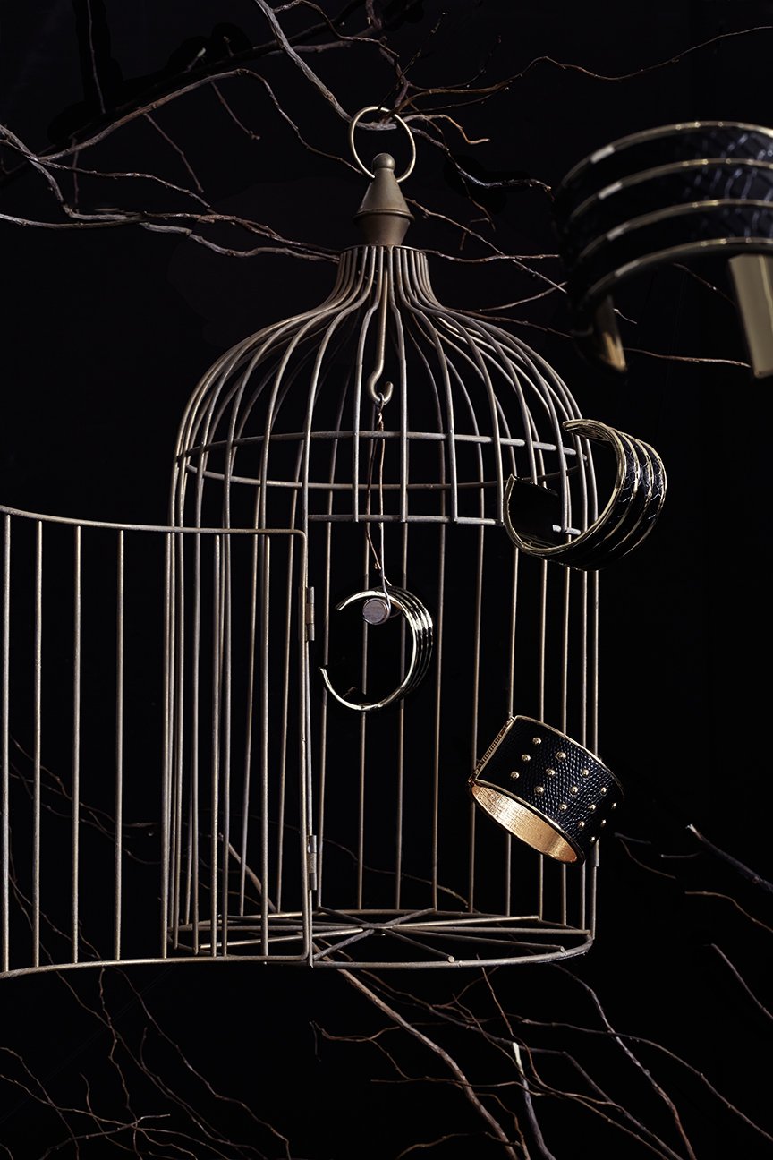 Conceptual product photo of bracelets flying out of bird cage.