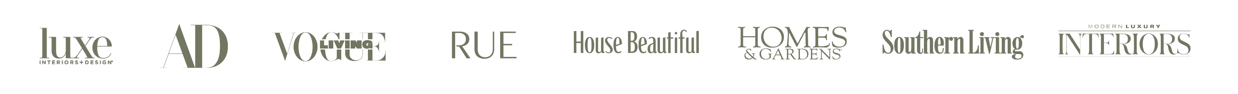 Collection of logos from various interior design and lifestyle magazines, including Luxe Interiors & Design, AD, Vogue, Rue, House Beautiful, Homes & Gardens, Southern Living, and Interiors.