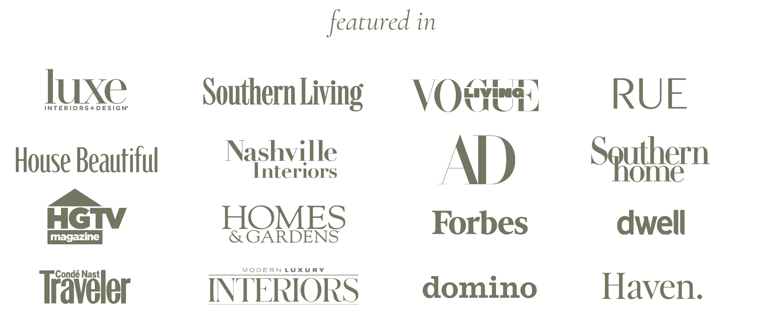 Collection of logos from various interior design and lifestyle magazines, including Luxe Interiors & Design, AD, Vogue, Rue, House Beautiful, Homes & Gardens, Southern Living, and Interiors.