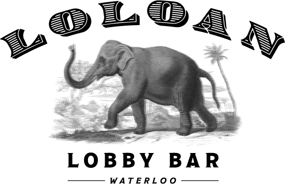 Black and white illustration of an elephant walking in a natural environment with trees.