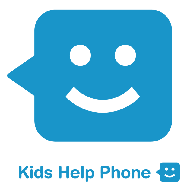 A blue icon of a smiling speech bubble with two black circular eyes and a curved smiling mouth, representing a kids help phone service. Below the icon, the text reads "Kids Help Phone" accompanied by a smaller version of the speech bubble icon.