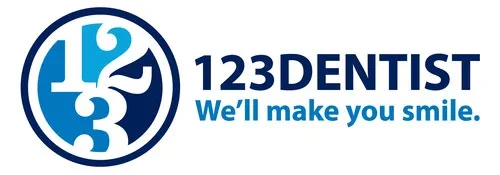 Logo of 123Dentist with the slogan 'We'll make you smile.'