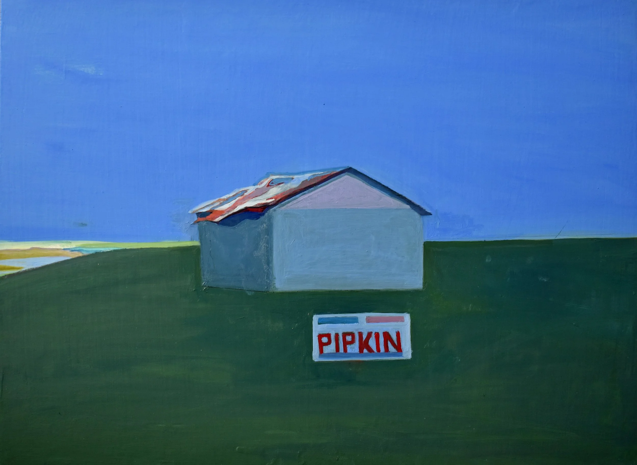 “Election Sign and Shed with Rippled Roof” – 2023 – Oil Paint on Wood Panel – 12” H x 16” W